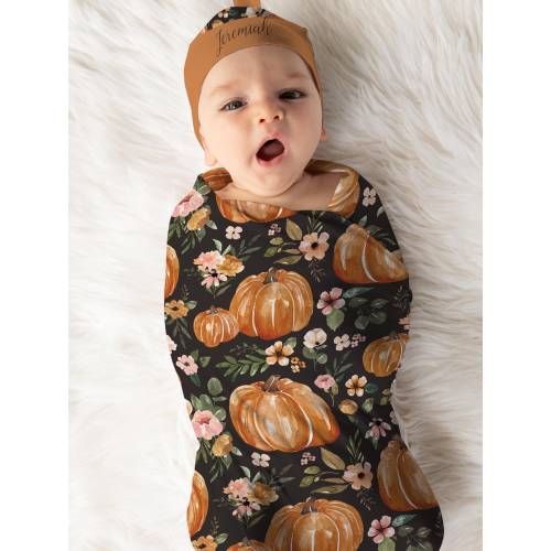 Personalized Fall Pumpkin Swaddle Set with Custom Name Baby Boy / Girl Matching Beanie Hat, Autumn Floral Headband, Flowers Hospital Blanket