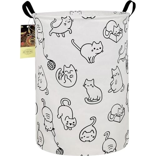 HUNRUNG Laundry Hamper,Large Canvas Fabric Lightweight Storage Basket Toy Organizer Dirty Clothes Collapsible Waterproof for College Dorms, Children Bedroom,Bathroom（Round cat）