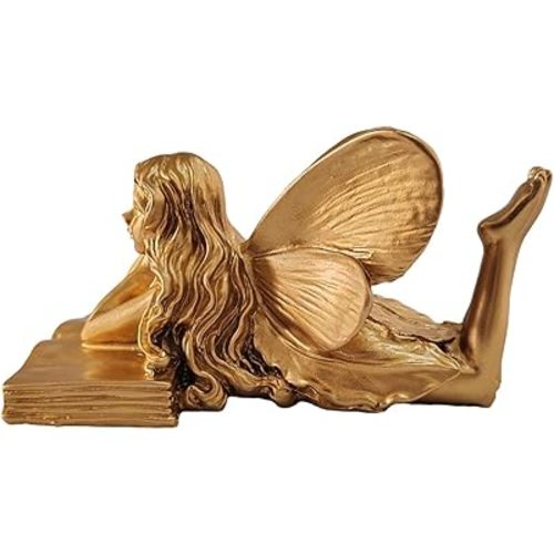 Fairy Figurines - Golden Fairy Reading Statue for Garden, Home Decor, Small Outdoor Angel Figurines, Unique Gift Idea