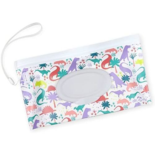 Itzy Ritzy Reusable Wipe Pouch – Take & Travel Pouch Holds Up to 30 Wet Wipes; Includes Silicone Wristlet Strap; Darling Dinosaurs