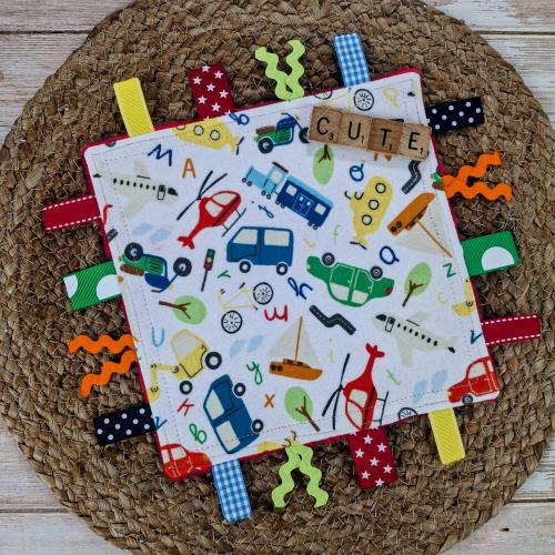 Transportation Crinkle Toy, Boys Sensory Ribbon Tag Square
