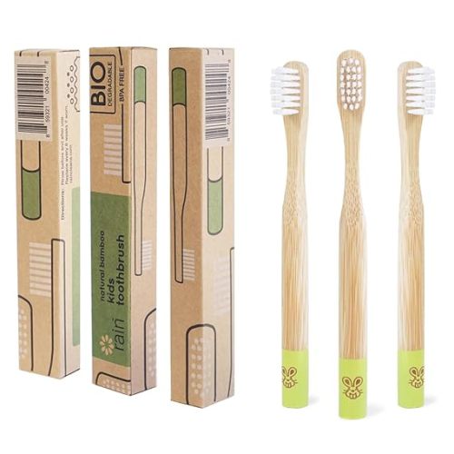 Rain Organic Bamboo Baby Kids Toothbrush - 100% Safe Infant Toddler Toothbrush 6 to 12 Months and Up, Natural BPA-Free Biodegradable Wood Extra Soft Bristles Children's Dental Care (3 Pack)