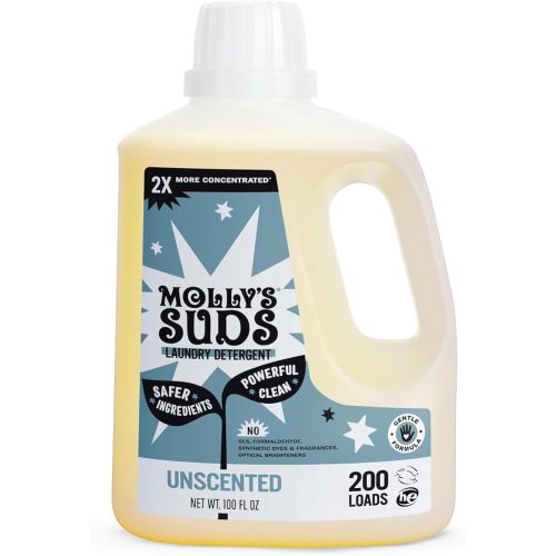 Molly's Suds Liquid Laundry Detergent | Clean Laundry Detergent Soap for Sensitive Skin | 2x Concentrated, High Efficiency (HE) (Unscented - 200 Loads)