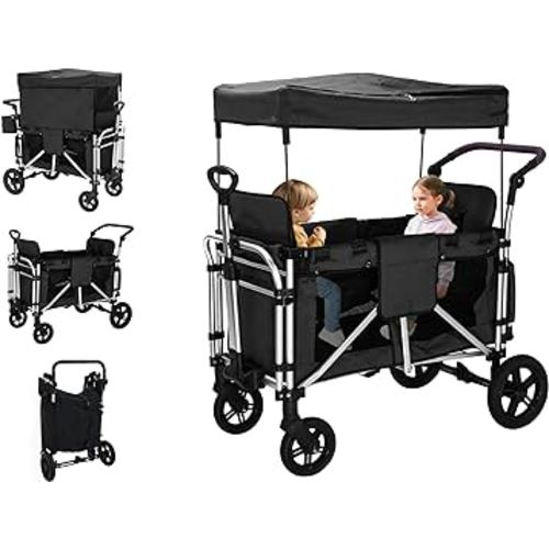 Stroller Wagon for 2 Kids, Wagon Cart Featuring 2 High Seat with 5-Point Harnesses and Adjustable Canopy, Foldable Push-Pull Rod Wagon Stroller for Garden, Stroller, Camping, Grocery Cart (Black)