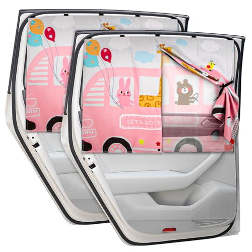 Car Window Shades, 2pcs Magnetic Car Curtains for Side Windows Privacy Full Covers/Half Shade Options, Cute Cartoon Auto Sunshades for Baby Protection Pink