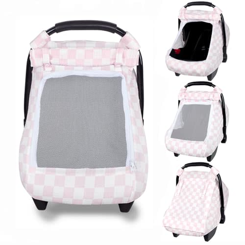 Car Seat Cover Baby Girls, Infant Car Seat Cover for Summer Use, Muslin Carseat Cover with Large Mesh Window, Breathable Newborn Car Seat Canopy, Pink Checkerboard