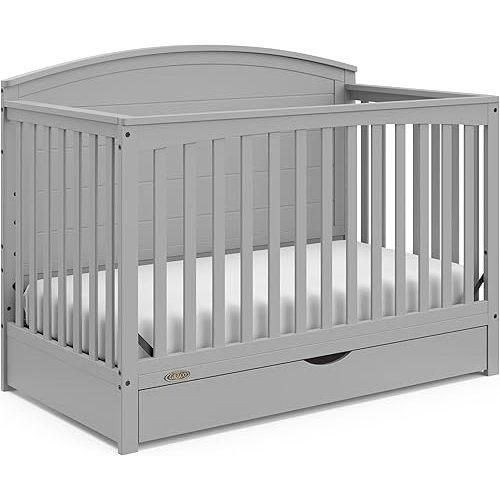 Graco Bellwood 5-in-1 Convertible Crib with Drawer (Pebble Gray) - GREENGUARD Gold Certified, Full-Size Storage Drawer, Converts to Toddler Bed and Full-Size Bed