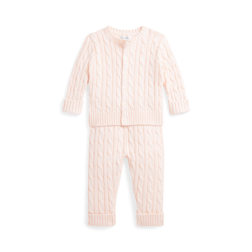 Cable-Knit Cotton Cardigan & Pant Set in Morning Pink | Over The Moon