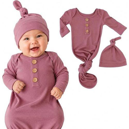 Caden Lane Newborn Knotted Gown with Hat, Soft Bamboo Viscose Baby Sack, Unisex Infant Breathable Night gown