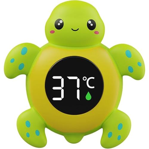 Baby Bath & Room 2-in-1 Thermometer, Large LCD Screen Water Temperature Thermometer with 3 Color, Bath Tub Floating for Toddler Kids (Turtle)