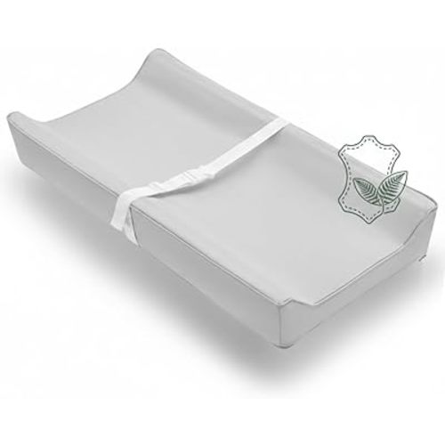 Vegan Leather Contoured Baby Changing Pad | Waterproof & Wipe-Clean PU Leather Diaper Change Mat, Soft, Wipeable Cover, Safety Strap, Non-Slip Bottom, Topper for Standard Infant Diaper Table & Dresser