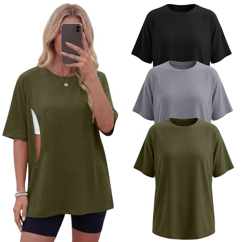 3 Pack Women's Oversized Nursing Tops for Breastfeeding with Hidden Zippers Loose Fit Short Sleeve Maternity Tops