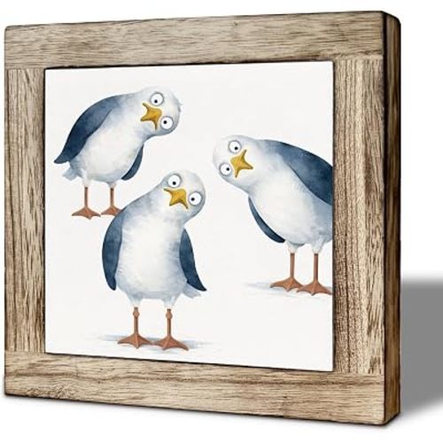 Funny Seagull Wooden Box Sign, Cute Coastal Bird Decor for Desk Shelf Table, Beach House Nautical Animal Wood Plaque for Home Bathroom Office Decor