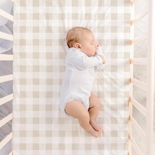MakeMake Organics Organic Crib Sheet GOTS Certified Organic Cotton Crib Sheet Fitted with Pillowcase (14"x19") Buttery Soft Breathable Hypoallergenic Beige Neutral Brown (28"x52", Plaid) - Crib / Toddler