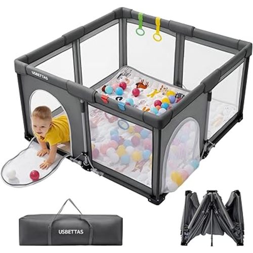 Foldable Baby Playpen, 1-Minute Setup, Lightweight Portable Playpen with Carry Bag, 50"x50" Indoor Outdoor Safty Play Yard for Babies & Toddlers, Dark Gray