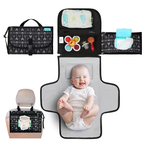 Kopi Baby Portable Diaper Changing Pad, Wipes Pocket, Classic Black Arrows | 22-In Waterproof Pad, Smart Wipes Pocket, 2 Inner Mesh Pockets, Outer Pocket, Detachable Storage, Carry Straps