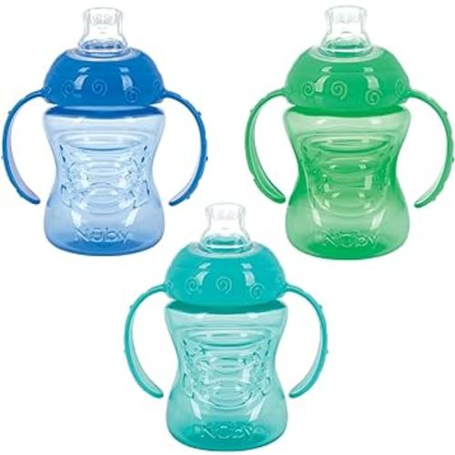 Nuby 3 Pack Two Handle No Spill Toddler Sippy Cups - Toddler Cups Spill Proof with Easy and Firm Grip - Aqua, Blue, Green