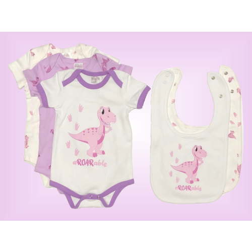 Baby Girl aROARable T-Rex Dinosaur Onesie and Bib 5-Piece Set, Sizes 3-18 Months
