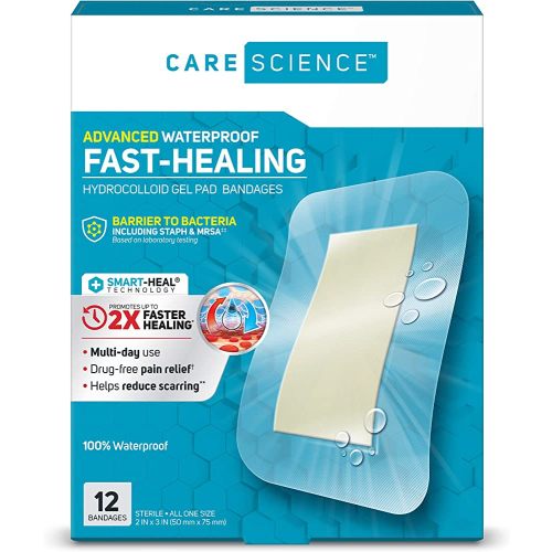 Care Science Fast-Healing Waterproof Hydrocolloid Gel Pad Bandages, XL, 2 in x 3 in, 12 ct | 100% Waterproof Seal, 2X Faster Healing, Barrier to Bacteria, for Blisters or Wound Care