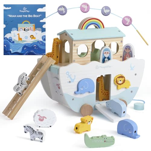 SIMPLIPLAY Wooden Noah's Ark Toy with Story Book & Animal Shape Sorter | Kids Montessori STEM Learning Noahs Ark Toy, Christian Toy for Boys Girls Christmas Baptism Gifts