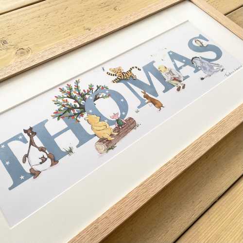 Classic Winnie The Pooh bear name illustration print children kids new baby illustrated personalised wall art nursery frame Christening gift