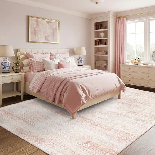 Pink 8x10 Rugs for Living Room, Vintage Large Area Rugs for Girls Bedroom, Kids Nursery, Playroom, Kitchen, Non Slip Low Pile Soft Cute Carpets for Dining Room, Classroom, Farmhouse Office