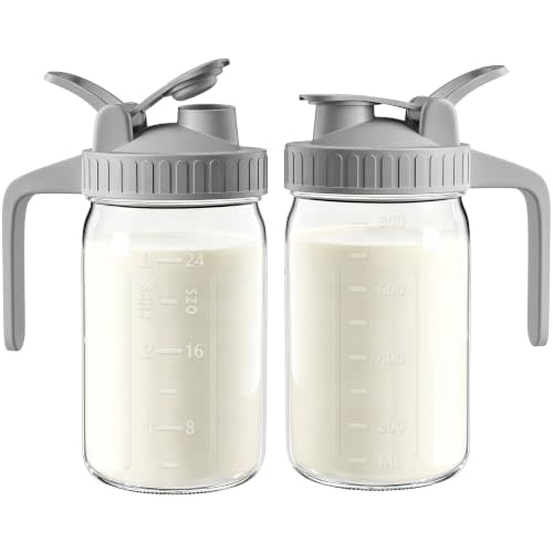 32 oz Breast Milk Pitcher, Glass Mason Jar Pitcher with Lid | Airtight, Leak Proof, Wide Mouth, Pour Spout Lid, Thick Glass, Fridge Safe, Ergonomic Handle, Easy to Clean