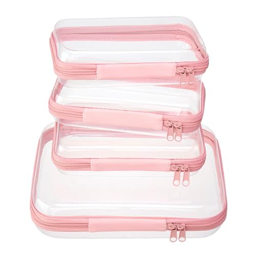 4 pcs Clear Zipper Pouches,Hard Shell Zipper Case, Toiletry Bag for Travel, CLear Diaper Bag, Toiletry Pouch, Travel Organizer, Cosmetic Bag,Toy Storage Bins (M+3S) (Light Pink)