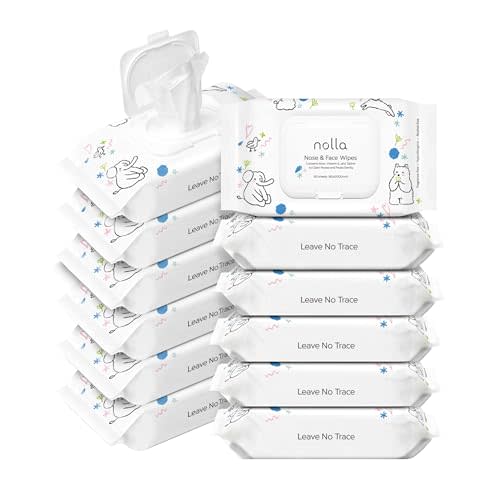 Nolla Baby Nose and Face Wipes with Saline, Vitamin E, & Aloe | Unscented | Compostable, 360 Count (12 Packs of 30)
