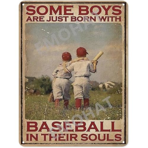 Baseball Metal Tin Sign Teenager Back View Signs Some Boys are Born with Baseball in Their Souls Retro Decor Poster Chic Vintage Wall Art Gym Garage Man Cave Bar Pub Club Decoration Gifts 8X12Inch