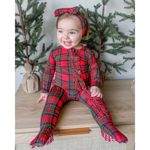Lev Baby Girls' Bamboo Zipper Footie Pajamas – Plaid Ruffle Print One-Piece Baby Girl Clothes (NB–6/9M)