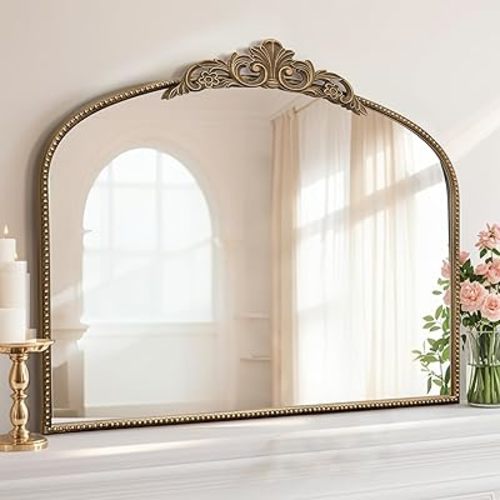 Micasso Large Vintage Gold Mirror: 40"x29" French Baroque Antique Arched Mirror - Traditional Ornate Decorative for Wall/Fireplace/Mantel/Entryway/Bathroom/Hallway - Home Decor for Living Room