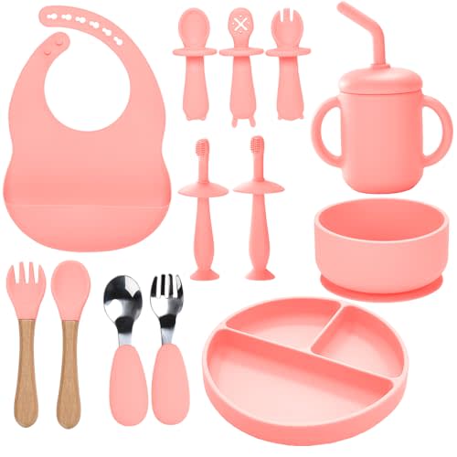 Silicone Baby Feeding Set - 13PCS Essentials With Suction Bowl, Plate, Spoons, Forks, Bib, Cup, Toothbrush - Led Weaning Supplies for 6+ Months Eating (Pink)