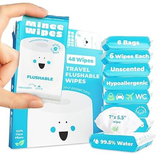 Impossibly Compact Travel Flushable Wipes - 99.5% Water and Aloe - Safe for Sensitive Skin & Hypoallergenic - Travel Essentials for Adults, Kids & Babycare, Unscented, 8 Pack 48 Wipes