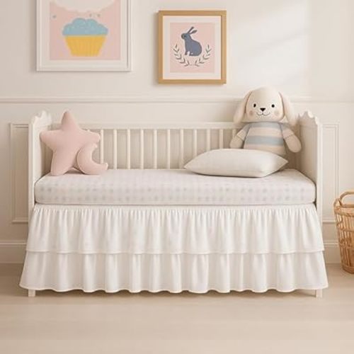 Multi Ruffle Mini Crib Bed Skirt Nursery Toddler Bedding 100% Microfiber Crib Bed Skirt for Baby Boys or Baby Girls, (24" x 38") 10" Inch Drop Lenght - White Solid