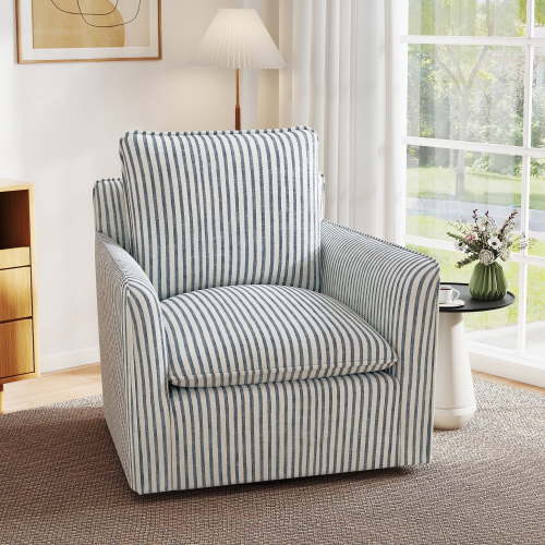 Bonzy Home 360° Swivel Chair with Thick Cushion – Blue Stripe Fabric Accent Chair for Living Room, Bedroom, Office – Fully Assembled