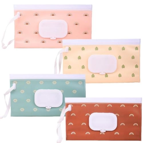 4 Pcs Portable Refillable Wet Wipe Container with Zipper & Flip-Top Lid, Reusable Handheld Wipe Dispenser for Outdoor Travel, Baby Stroller & Home, Assorted Patterns