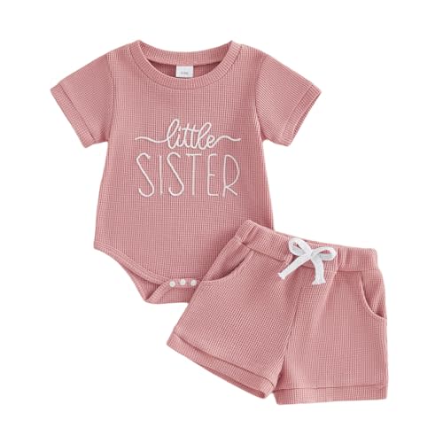 allshope Newborn Baby Girl Summer Outfit Romper Little Sister Lil Sis Embroidery Jumpsuit Tops Shorts Infant Waffle Clothes