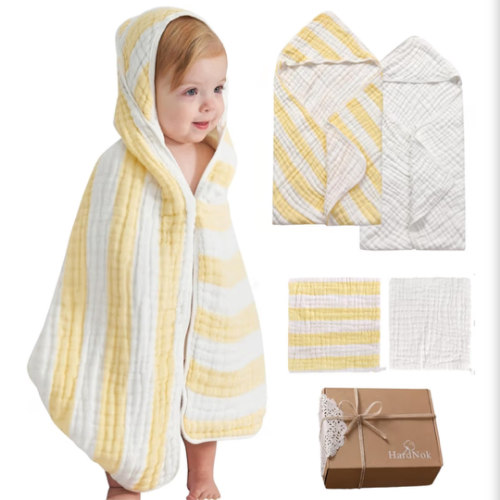 Amazon.com : HardNok 4-Pack Muslin Hooded Baby Bath Towel Set - 100% Organic Cotton, (2) 6-Layer 32x32 Towels & (2) Washcloths, Newborn & Infant Gift Set (Yellow Striped & White) : Baby
