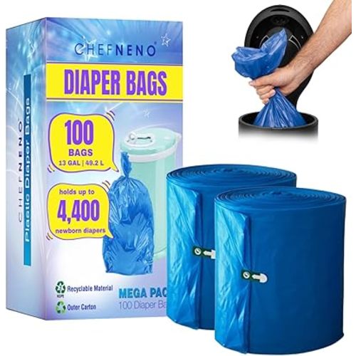 Disposable Diaper Pail Refill Bags (100 Bags) Compatible with Ubbi Diaper Bag Pail 13 Gal Capacity Diaper Pail Bag Medium Kitchen Trash Bag Heavy Duty Recycled Large Garbage Bag (100 ct.)