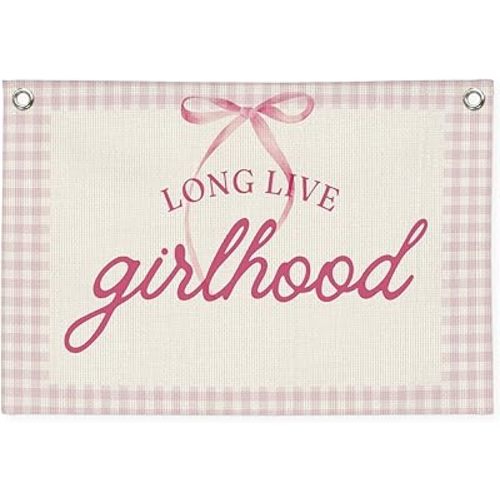 Girl Room Decor - Long Live Girlhood Linen Banner，Bow Nursery Decor for Girl,Swan Decor Wall Hanging for Nursery, Playroom, Kids Bedroom and Aesthetic Room Decor 30x20 Inch
