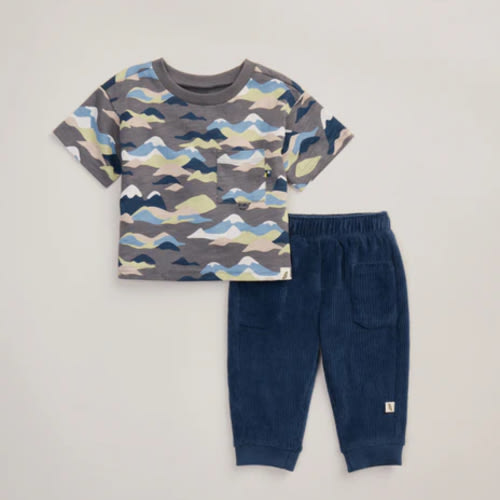2-Piece Organic Cotton Printed Short Sleeve Top and Corduroy Jogger Set - smoked pearl and sargasso sea | easy-peasy Soft, Sustainably Made Childrenswear