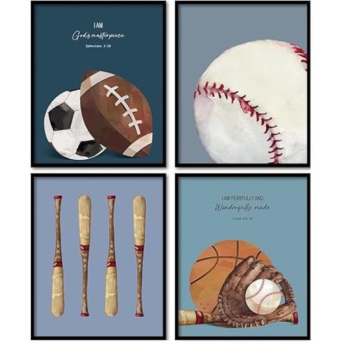 KDHTY Vintage Sports Nursery Decor Christian Baseball Wall Art,Scripture Sport Room Decor for Boys,Vintage Sports Wall Art for Classroom Gym Playroom Boys Room,8x10 Unframed,Set of 4