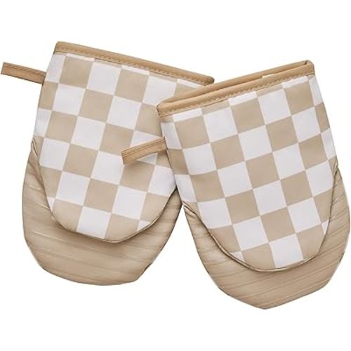 Checkered Mini Oven Mitts Heat Resistant, Vintage Retro Black and White Checkerboard Mini Silicone Oven Mitts Cute, Non-Slip Small Short Kitchen Oven Gloves Set of 2