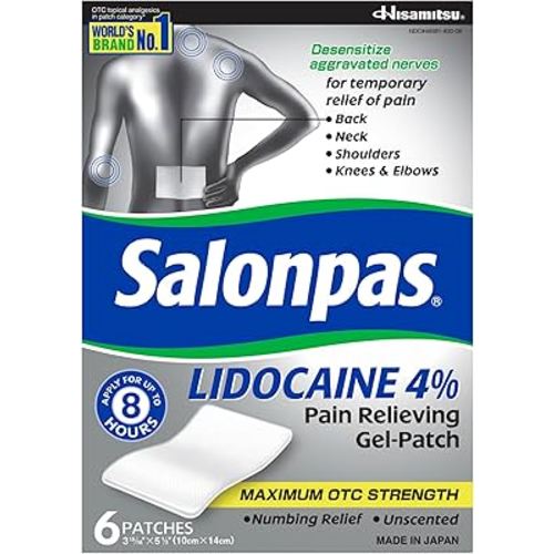 Salonpas Lidocaine 4% Pain Relieving Gel-Patch, 6 Count, for Back, Neck, Shoulder, Knee & Elbow Pain