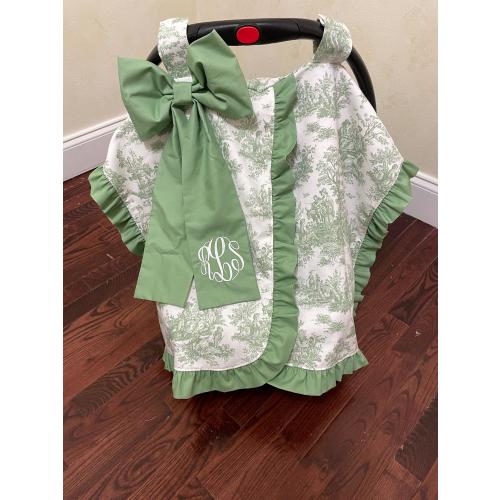 Choose Your Color Toile Car Seat Canopy with Large Bow and Ruffle, Monogrammed Car Seat Tent, Personalized Baby Shower Gift