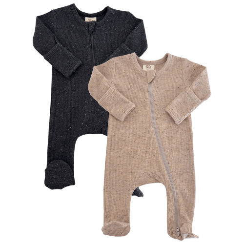 Charcoal & Tan Speckle / Ribbed 2-Way Zip Footies 2-Pack