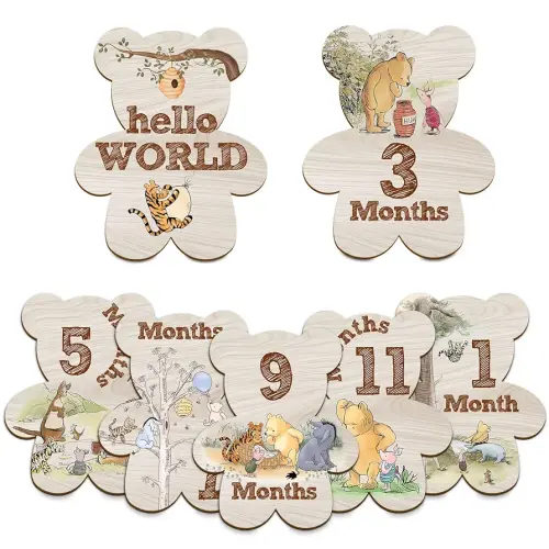 7Pcs Winnie Baby Monthly Milestone Markers, Classic Winnie Baby Stuff, Double-Sided Printing Months Baby Milestone Wooden Keepsake, Milestone Pictures of Newborn