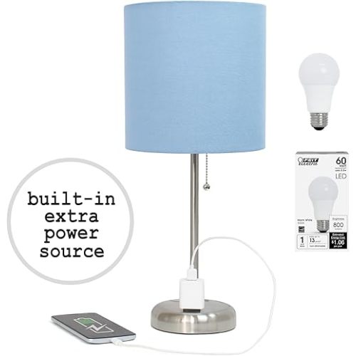 Simple Designs LT2024-BLU-LB 19.5" Brushed Steel Stick Table Desk Lamp with Charging Outlet and Drum Fabric Shade for Living Room, Hallway, Nightstand, Office, Blue Shade, with Feit LED Bulb Included