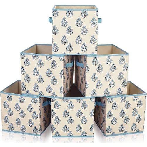 Bokon 6 Pcs 11'' Blue Block Print Storage Cubes Floral Cube Storage Bins